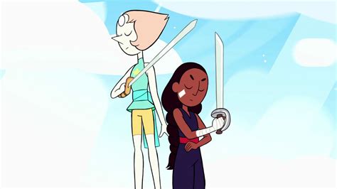 Steven Universe Connie Maheswaran Pearl Are Standing With Sword On Right Hand With Background Of