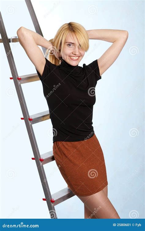 Woman Leaning On A Ladder Stock Image Image Of Ladder