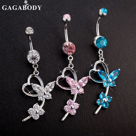 Buy 2017 Retail 1pc Butterfly Flower Navel Ring With Pink Cubic Zirconia 14g