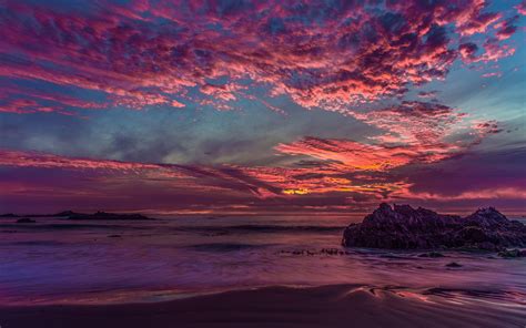 Sunset Rocks Stones Clouds Ocean Beach Hd Wallpaper Nature And
