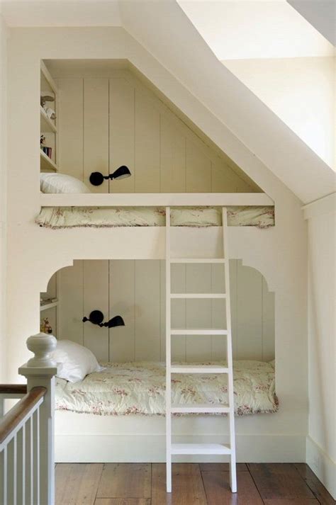 Small Attic Sloped Ceiling Bedroom Kids Bunk Bed White Wood Ladder In