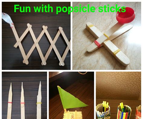 Several Pictures With Different Types Of Popsicle Sticks And Other