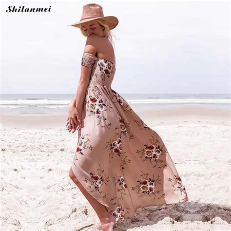 Boho Style Long Dress For Women Off Shoulder Beach Summer Dresses Floral Print Vintage Bohemian