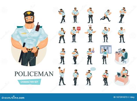 Sistema De Personaje De Dibujos Animados Del Polic A Que Trabaja En La Aplicaci N De Ley