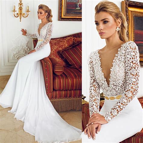 Deep V Neck With Long Sleeve Lace Mermaid Vintage Wedding Dress My