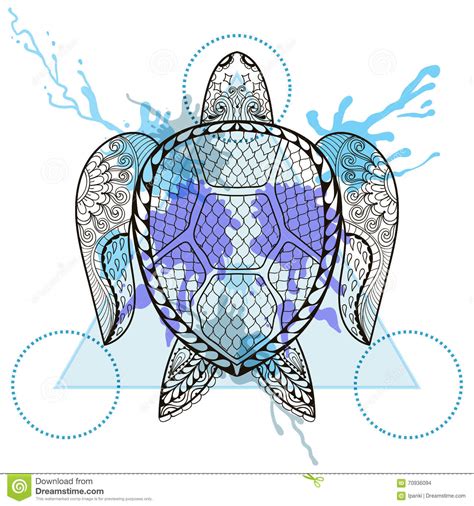 Zentangle Stylized Turtle In Triangle Frame With Watercolor Ink Stock