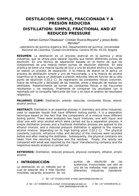 Informe 2 Organica DestilaciÓn Simple Fraccionada Y A PresiÓn