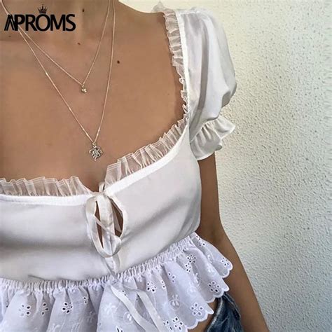 Aliexpress Com Buy Aproms Sexy Puff Sleeve Chiffon Tank Tops Women White Lace Trim Cropped