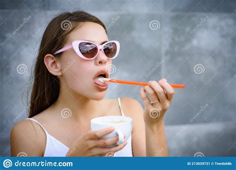 Young Woman Enjoy Sipping Drink Through Straw Pretty Woman Sip Beverage With Drinking Straw