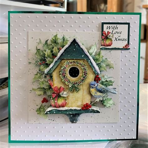 A Christmas Card With A Birdhouse And Wreath On The Front Surrounded