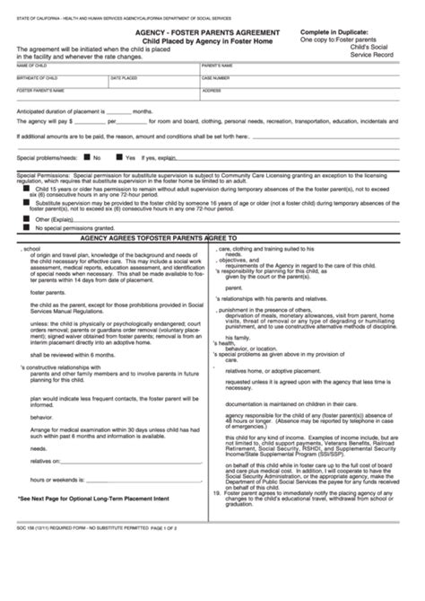 Fillable Form Soc 156 Agency Foster Parents Agreement Child