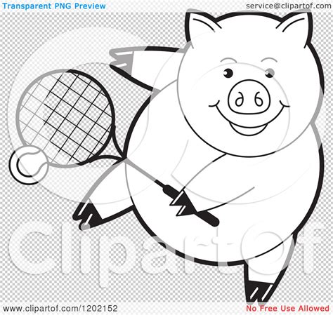 Clipart Of A Black And White Sporty Pig Playing Tennis Royalty Free