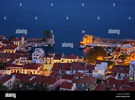 Night View Of The Picturesque Little Port Of Nafpaktos Lepanto Town