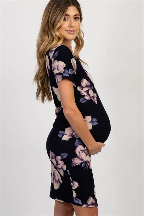 Pinkblush Navy Blue Watercolor Floral Fitted Maternity Dress In