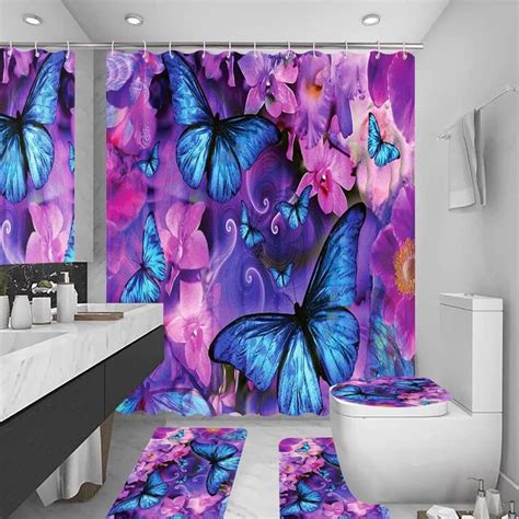 Pcs Purple Butterfly Shower Curtain Set With Rug Bathroom Curtains