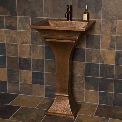 Square Hammered Copper Pedestal Sink Single Faucet Hole Pedestal