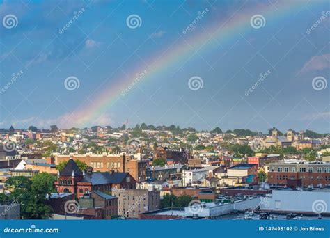 View Of A Rainbow Over Upper Fells Point Baltimore Maryland Stock