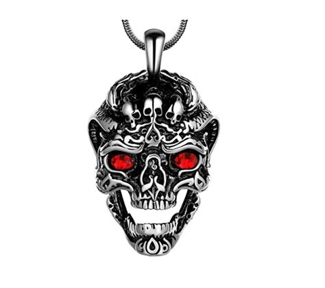 Silver Skull Red Crystal Eyes Necklace Punk Goth Pendant
