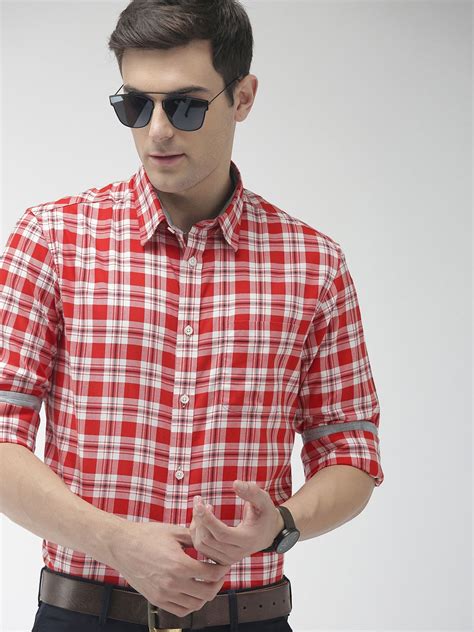 Men Red And White Slim Fit Checked Smart Casual Shirt Casual Shirts