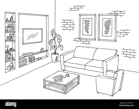 Living Room Gráfico Blanco Negro Dibujo Interior Ilustración Vector