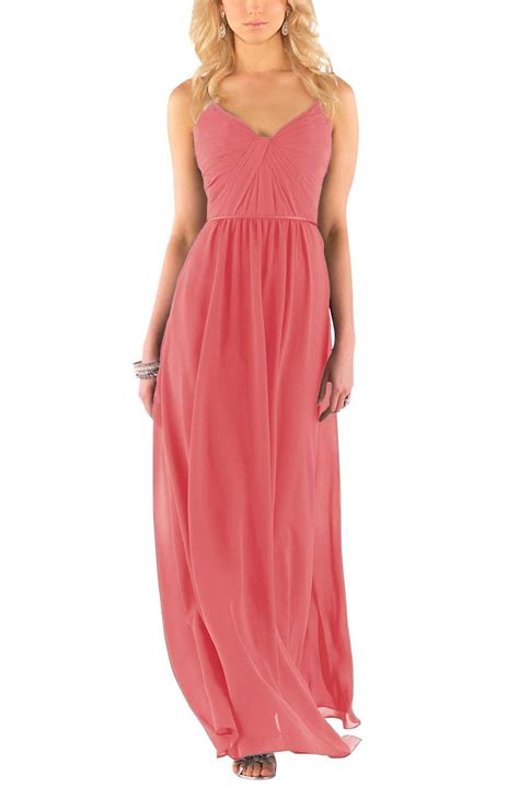 newfex spaghetti strap bridesmaid dresses long v neck chiffon women s formal evening gown coral 26
