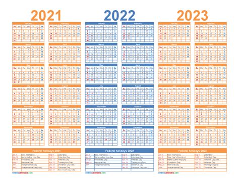 Printable 2021 2022 And 2023 Calendar With Holidays Free Printable