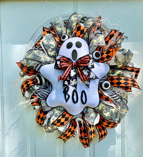 Halloween Wreath For Front Door Ghost Wreath Halloween Etsy