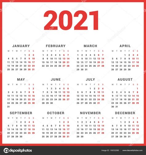 Calendar For 2021 Year On White Background Week Starts Monday Simple