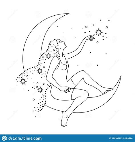 Beautiful Girl Sitting On The Moon And Touching The Star Vector Illustration Line Style Stock