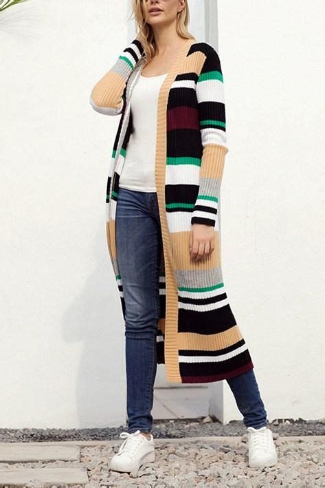 Color Block Striped Open Front Long Cardigan Spring Outfits Casual