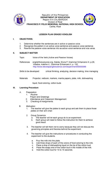 Lesson Plan Grade 9 English Republic Of The Philippines Department Of Education Region Iv A