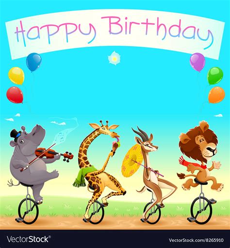 Happy Birthday Card With Funny Wild Animals On Vector Image