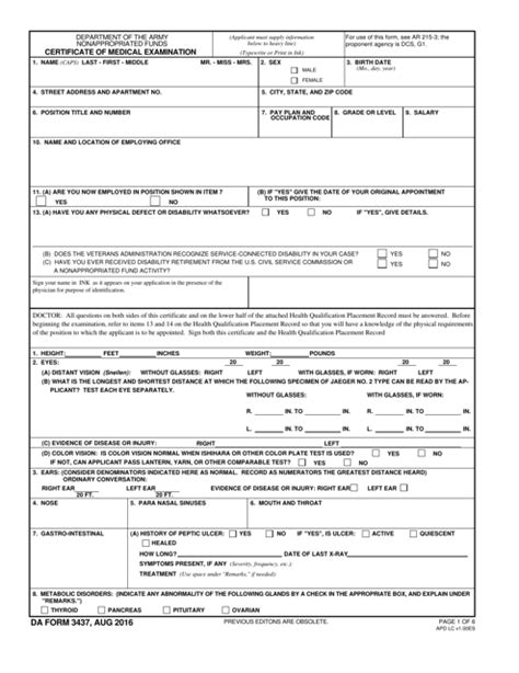 Da Form 3437 Download Fillable Pdf Certificate Of Medical Examination