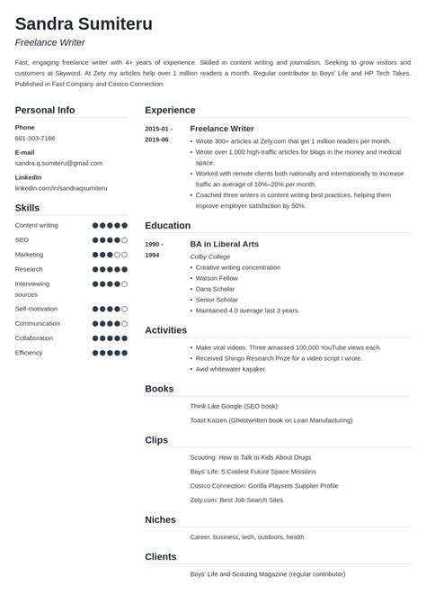 Freelance Writer Resume Example Template Simple Freelance Writer