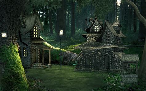 Download Magical Green Forest Cottage Artistic Fantasy Hd Wallpaper By