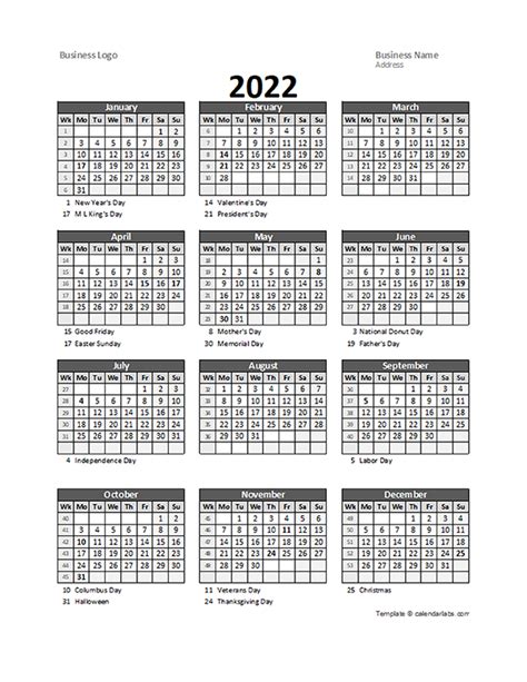 2022 Yearly Business Calendar With Week Number Free Printable Templates