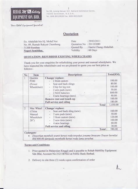 Sekiranya bilangan kontraktor bertaraf bumiputerayang berkelayakanadalahkurang daripada lima (5), sebutharga boleh dipelawa di kalangan kontraktor bukan bumiputera yang mempunyai kepala dan subkepala yang bersesuaian. Format Quotation Contoh Sebut Harga