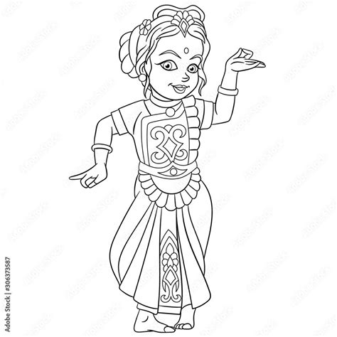 Coloring Page With Indian Dancing Girl Stock Vector Adobe Stock