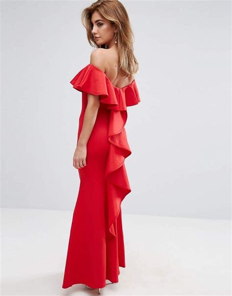 Club L Fishtail Maxi Dress With Waterfall Frill Back Detail Sexy Red