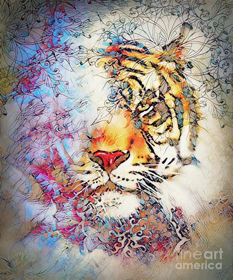 Tiger Collage On Color Abstract Background And Mandala With Ornament