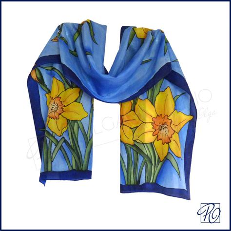 Daffodils Luxury Silk Scarf Blue Yellow Green By Polganistudio