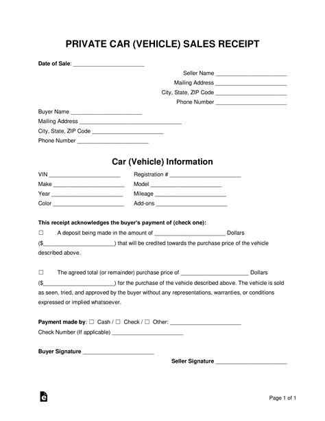 Free Vehicle Private Sale Receipt Template Pdf Word Eforms