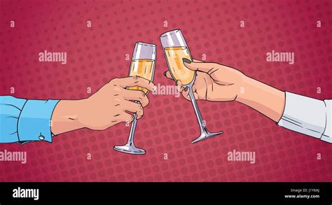 Couple Hands Clinking Glass Of Champagne Wine Toasting Pop Art Retro Pin Up Background Stock