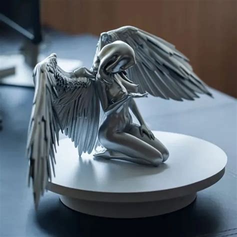 Silver Nude Winged Female Angel Statue Kneeling Woman Home Decor Art