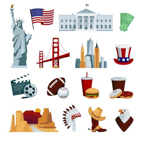 Eua Planas ícones Com Símbolos Nacionais Americanos E Atrações Vetor