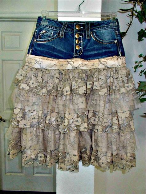 Ruffled Lace Jean Skirt Upcycled Denim Beige Tulle Rose Etsy Upcycle