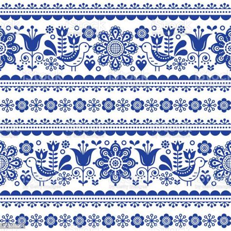 Scandinavian Seamless Vector Pattern With Flowers And Birds Nordic Folk