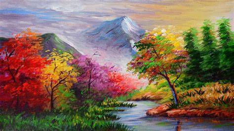 Basic Acrylic Landscape Painting Tutorial With Autumn Trees And River