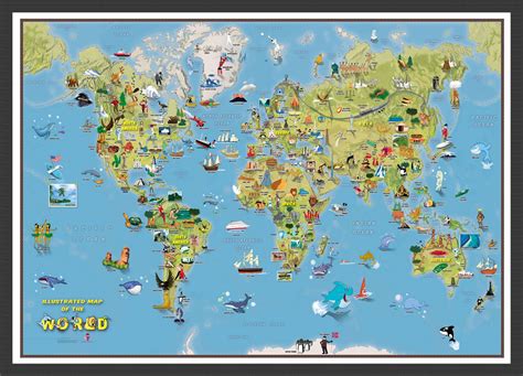 Kids Cartoon World Map Pinboard And Wood Frame Black