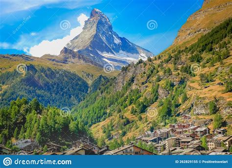 Matterhorn Above Zermatt Idyllic Valley At Sunrise Swiss Alps Stock
